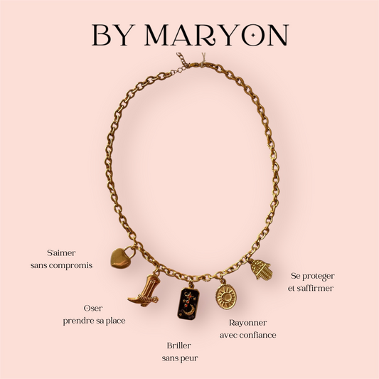Collier à charms doré symbolique avec cœur, étoile, œil protecteur et pierre naturelle – By Maryon