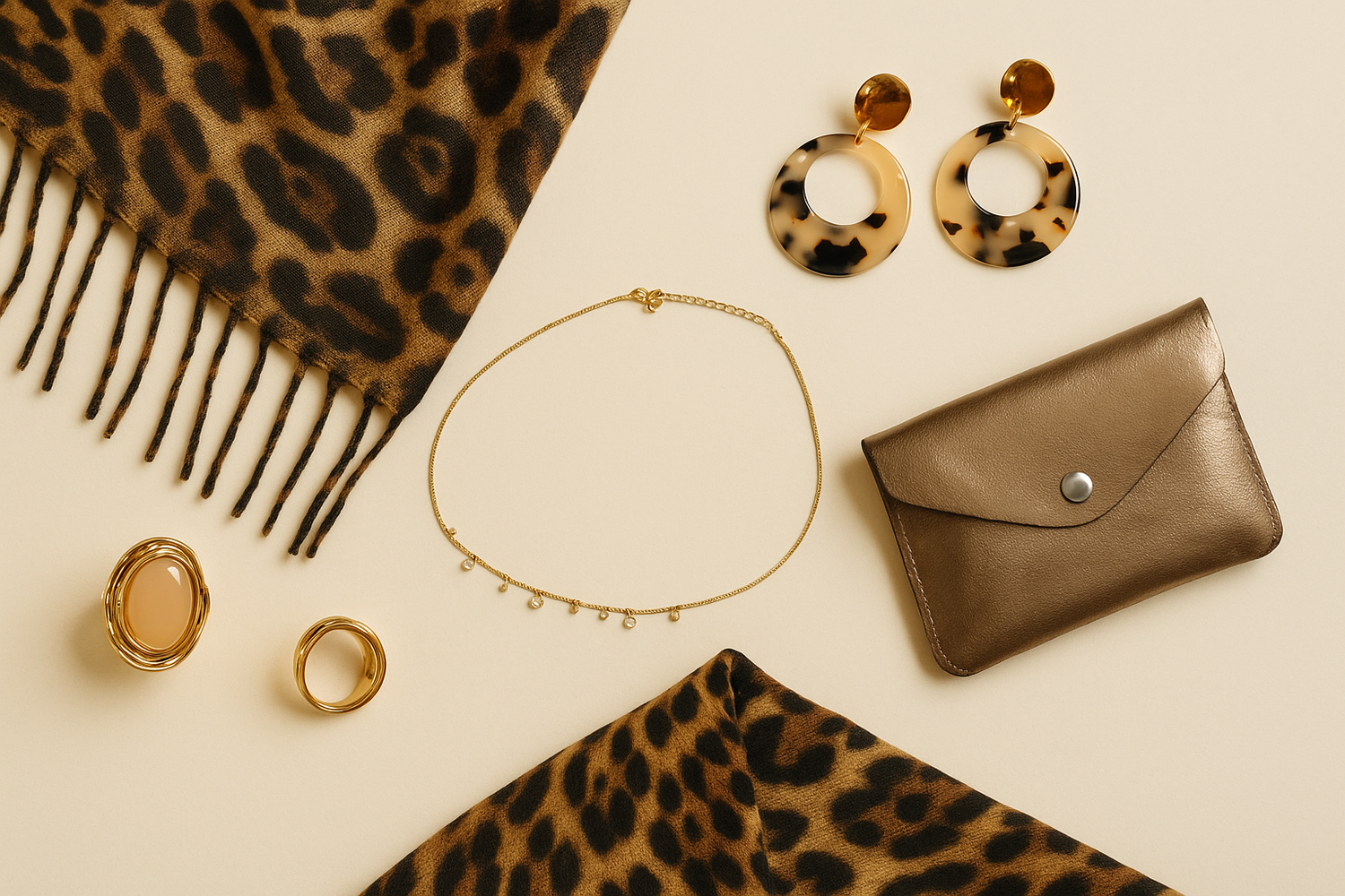 Collage d’accessoires et bijoux By Maryon sur fond crème : foulard léopard, boucles d’oreilles rondes effet écaille, bague dorée, collier fin avec pampilles et pochette métallisée bronze.