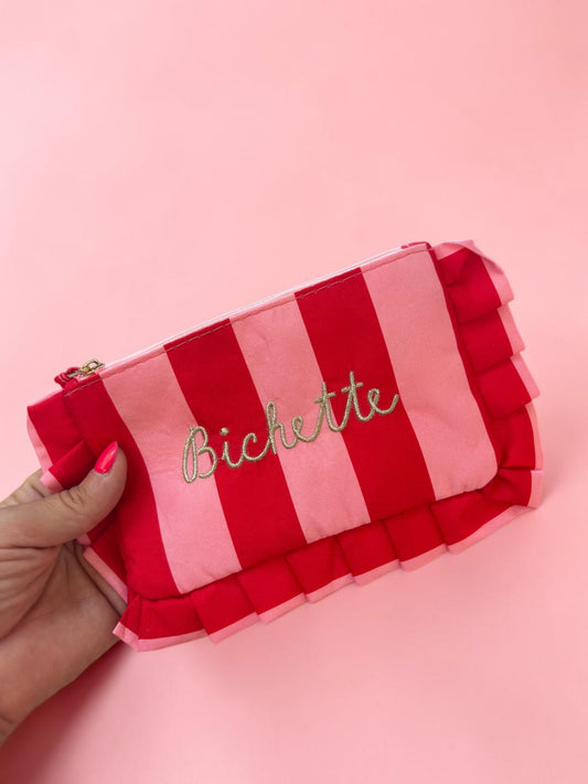 Pochette à Volants Rayée – Broderie Dorée