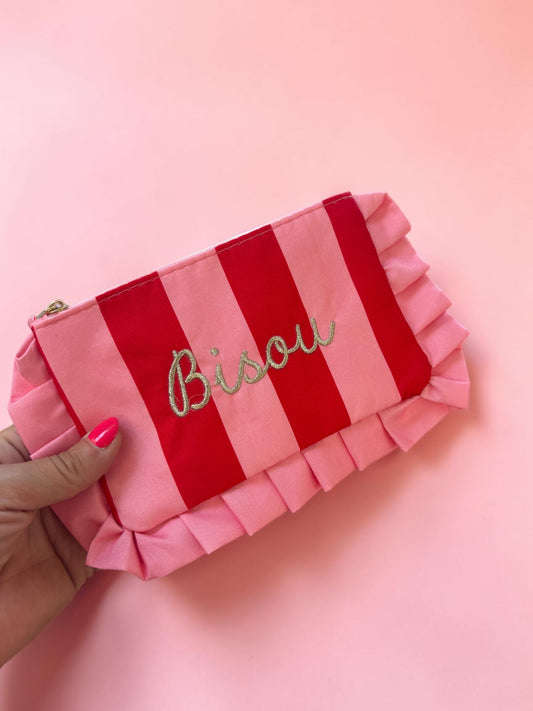 Pochette à Volants Rayée – Broderie Dorée