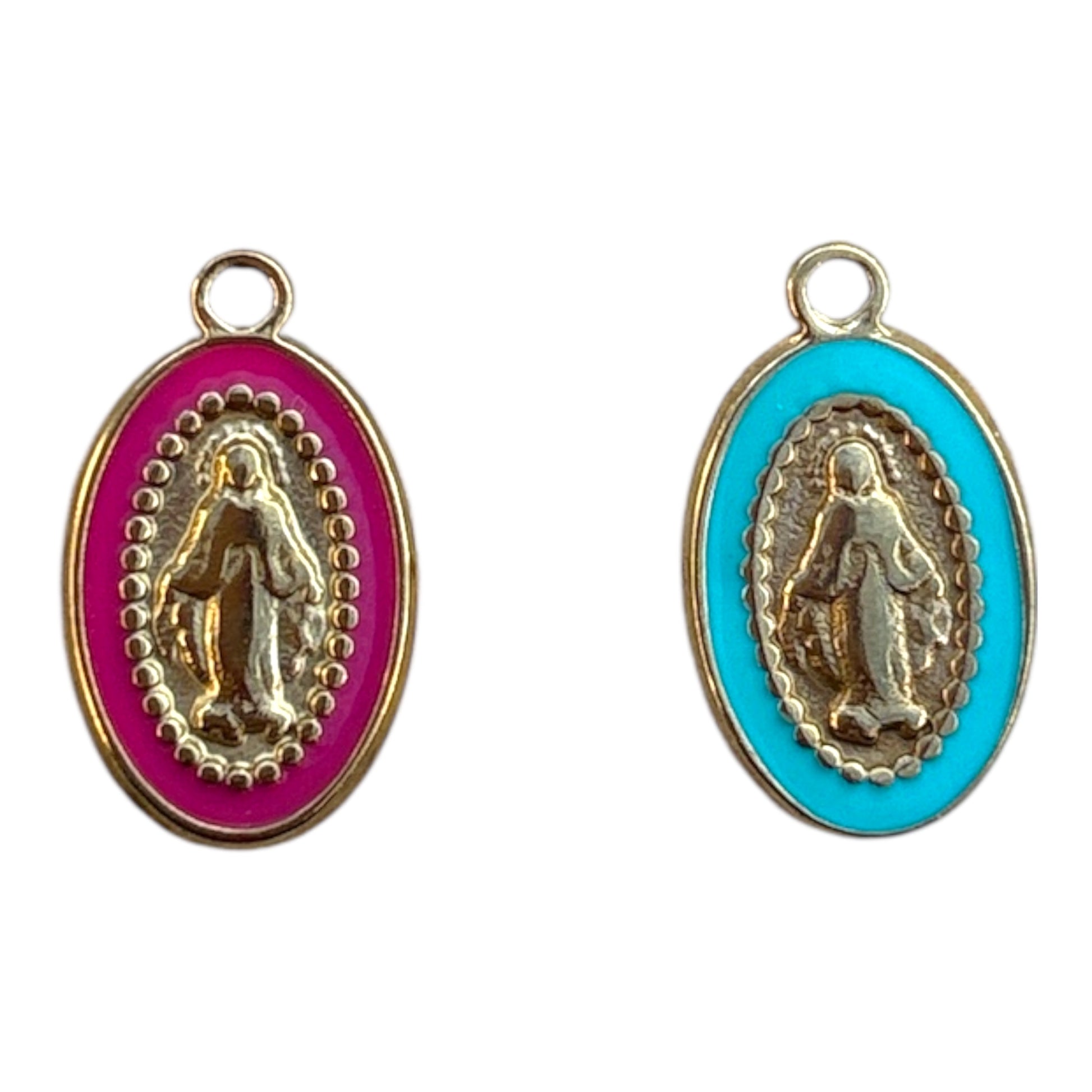 Charm médaille Vierge colorée en acier inoxydable doré rose fuchsia By Maryon