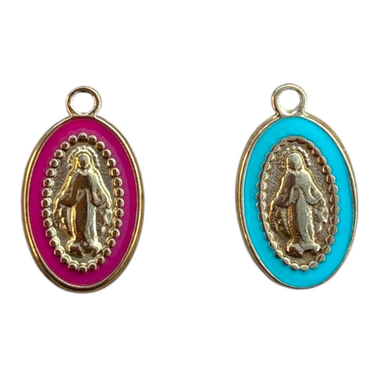 Charm médaille Vierge colorée en acier inoxydable doré rose fuchsia By Maryon