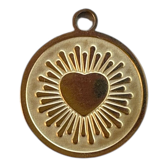 Charm rond cœur rayonnant doré en acier inoxydable By Maryon